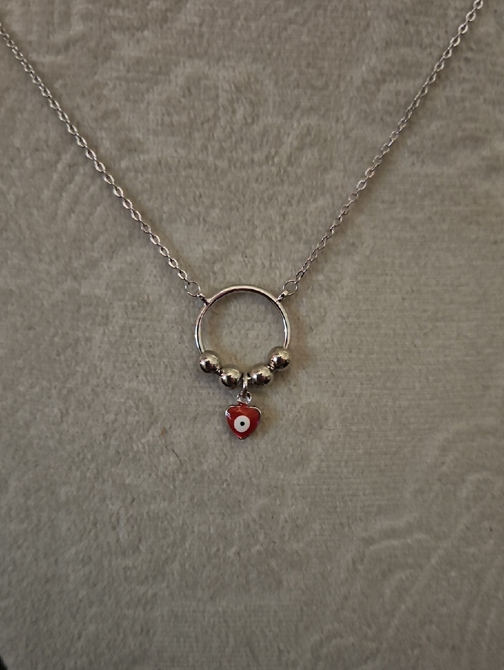 Silver Ring Necklace with Red Heart Evil Eye Charm